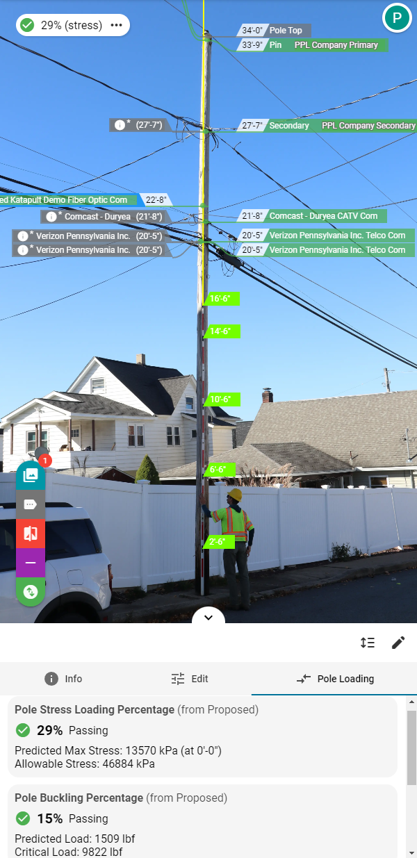 Pole loading analysis of a pole with calibrated height measurement and integrated pole loading results. 