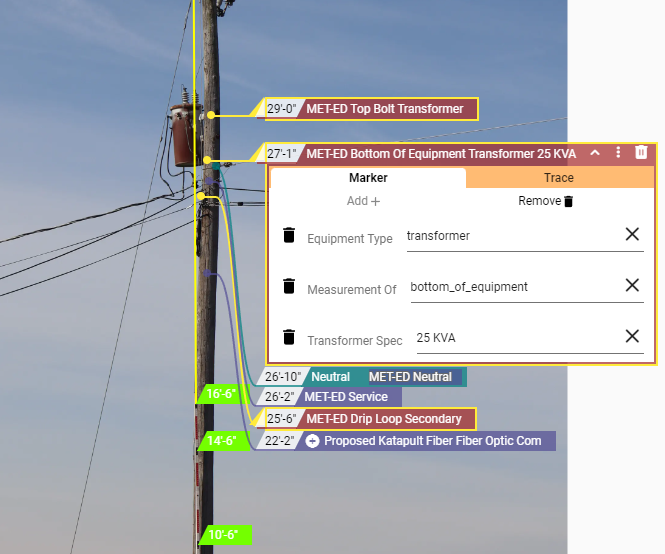 Pole with equipment specs pop-out highlighted to add equipment specs. 