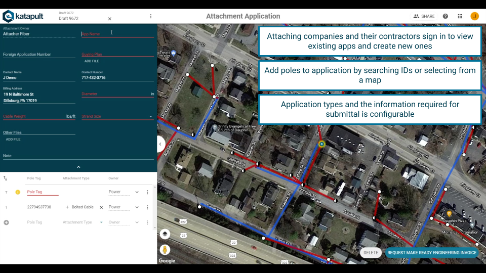 Attach companies and their contractors sign in to view existing apps and create new ones. Add poles to applications by searching IDs or selecting from a map all in Katapult Pro portal