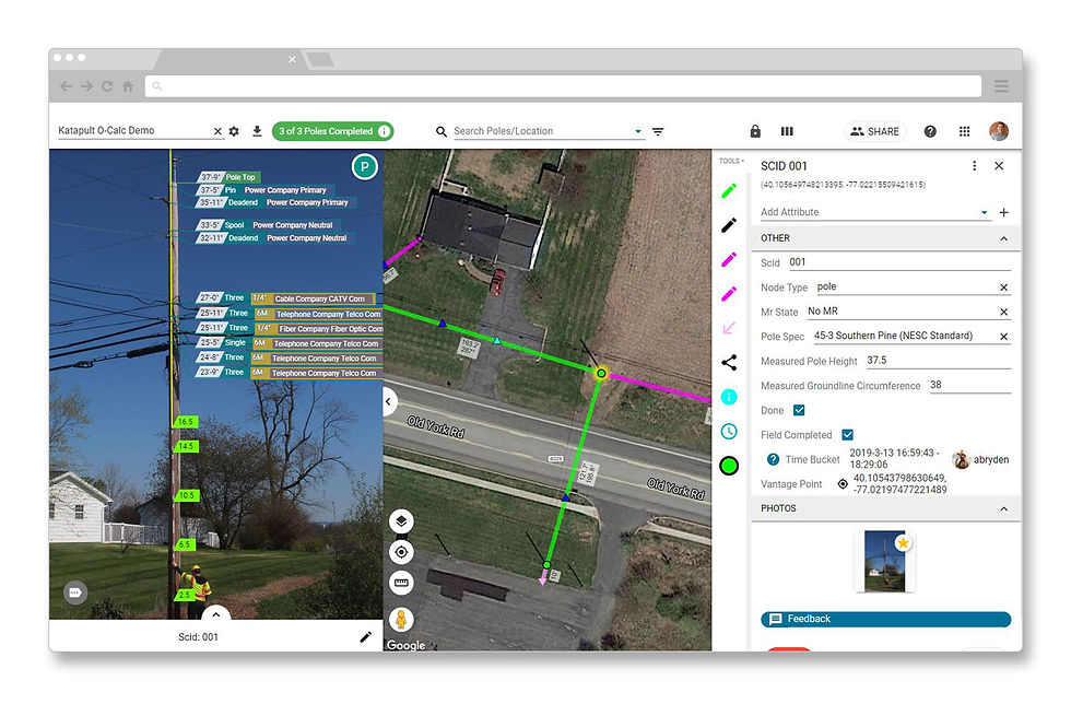 Katapult Pro OSP design portal options, with picture of a pole with calibrated heights, aerial view of satellite maps, and node information pop-out. 