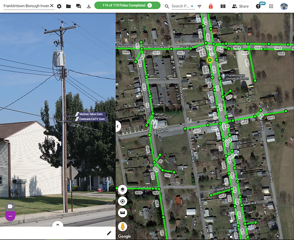 Pole with annotations on the left, map with connections and nodes on the right. 