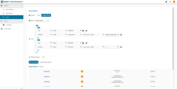 Search through actions, attributes, users, and jobs with querying tools in Katapult Pro