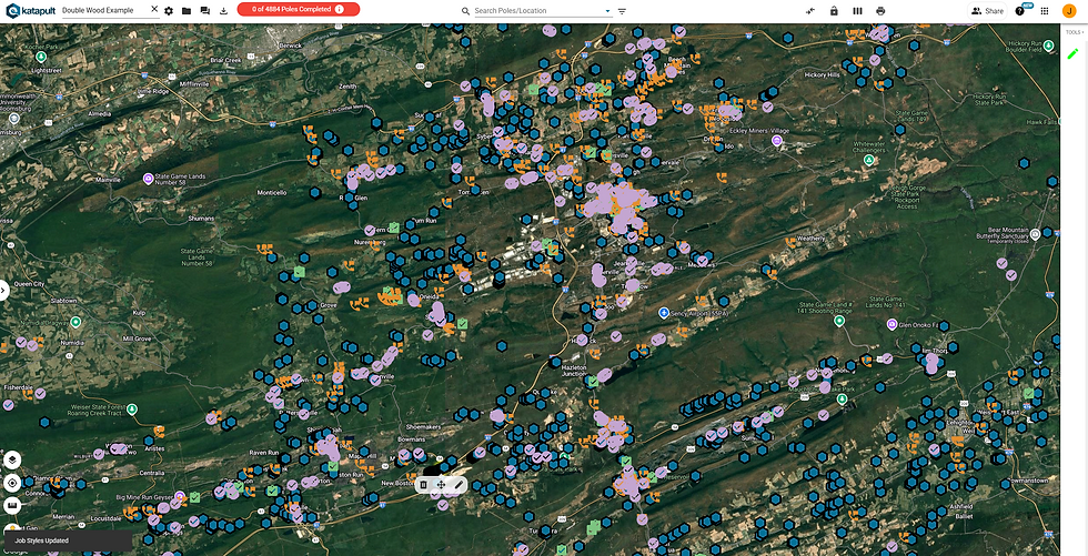 Map with many nodes and icons representing double wood conditions in various states. 