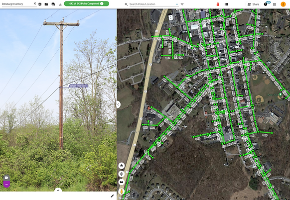 On the left shows a utility pole with an attachment; on the right shows a map with all poles and connections in an area. 