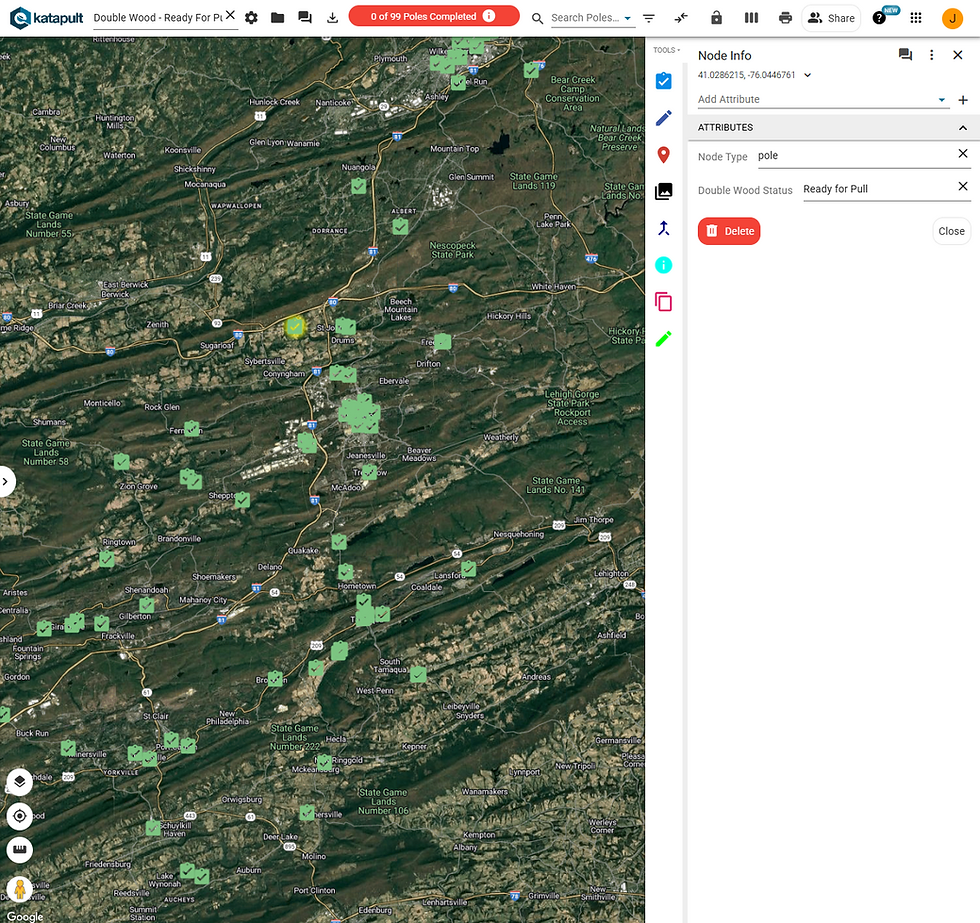 A map shows confirmed double wood conditions to deploy construction crews for double utility pole resolution