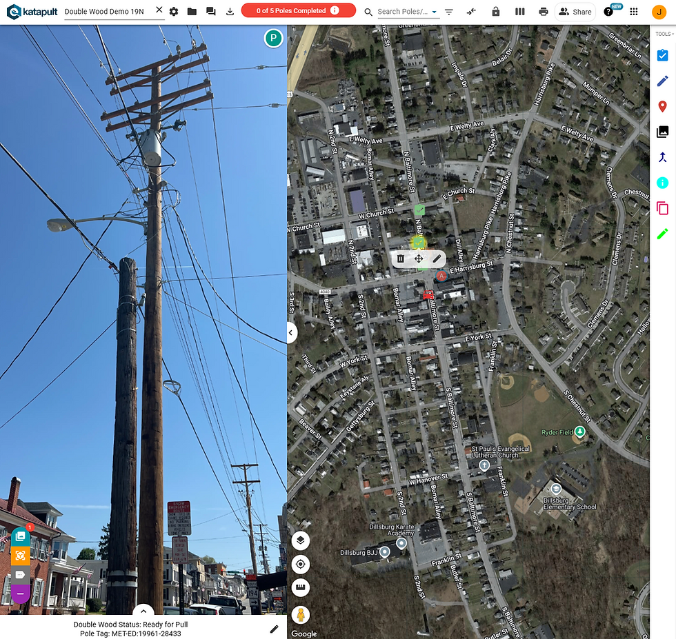 On the left is a photo of double utility poles and the right shows a map with the double pole location