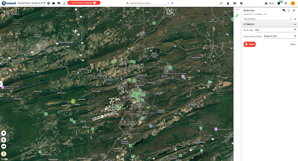 Map with green nodes showing double wood locations with stub poles ready to be pulled. To the left, a white side panel with node data. 