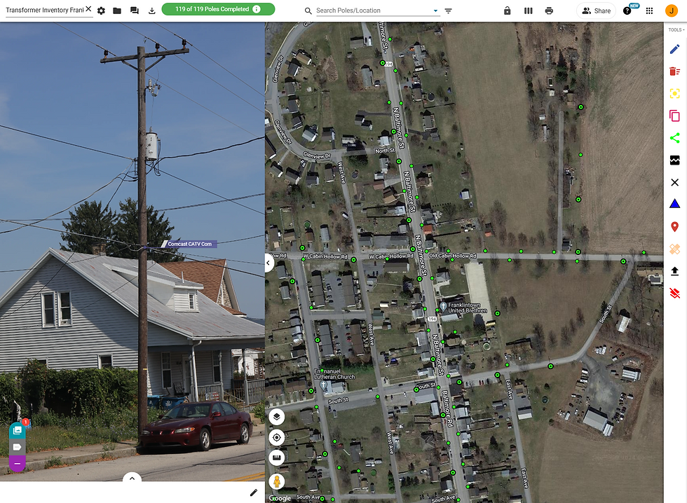 On the left shows a utility pole with a transformer. On the right is a map layer showing transformers within an area.