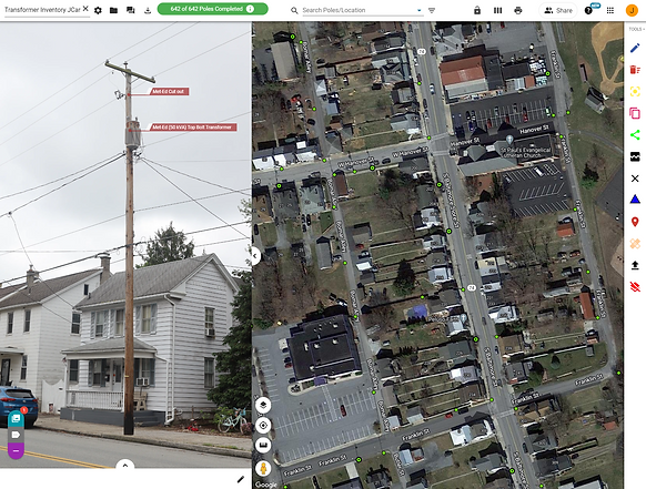 Photo with an annotated transformer on the lefthand of the screen; map and inventory of transformers in the righthand