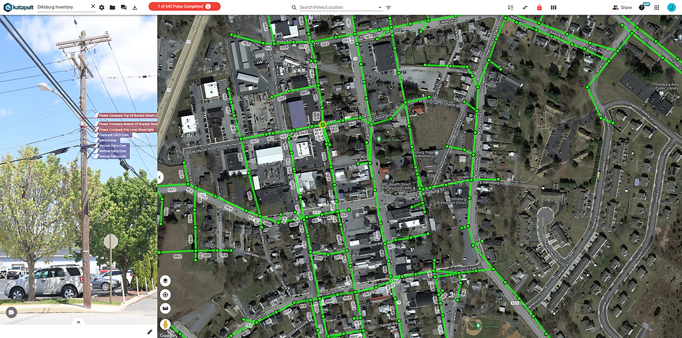 pole with attachments marked on the left side of the photo, aerial map with nodes  of equipment from an equipment inventory on the right.